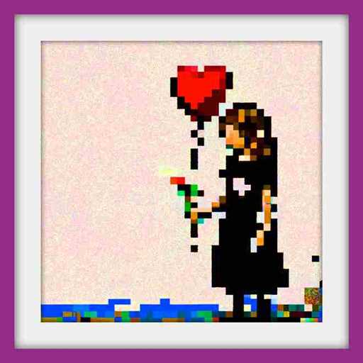 Red Balloon artwork: a framed pixel-art figure holding a red heart-shaped balloon, with pastel texture and a purple border